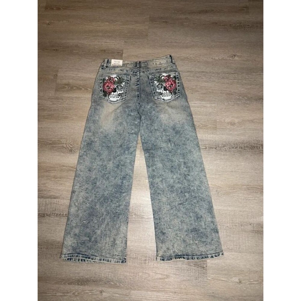 Telepatia Flare Jeans Wide Leg Bedazzled Skull Back Pocket Jeans